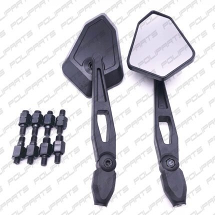 Universal black motorcycle and scooter mirrors, adjustable and tilting, with adapter kit included
