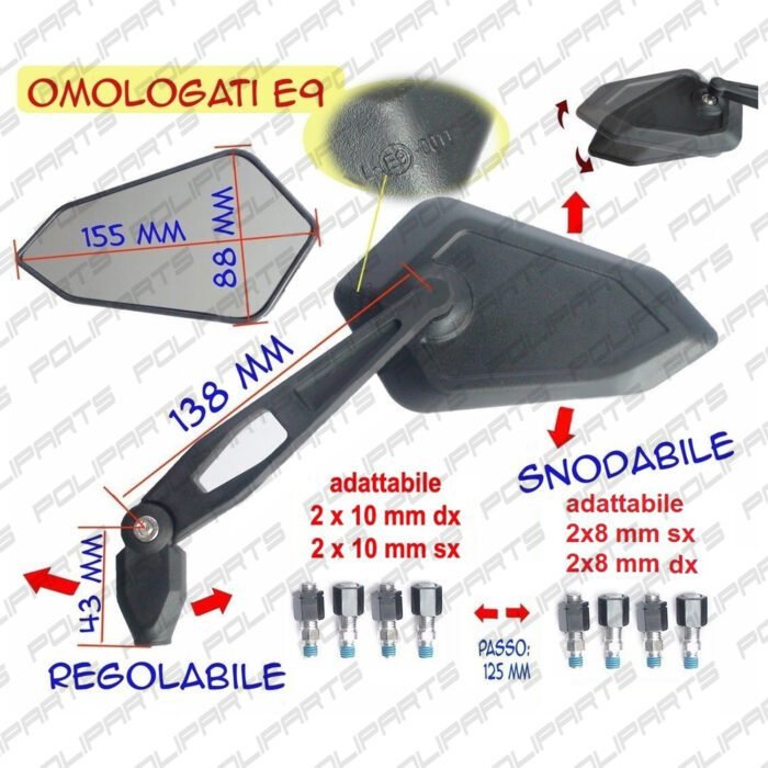 Pair of Universal Adjustable Tilting Motorcycle Scooter Mirrors with Adapter Kit (Black) - Image 4