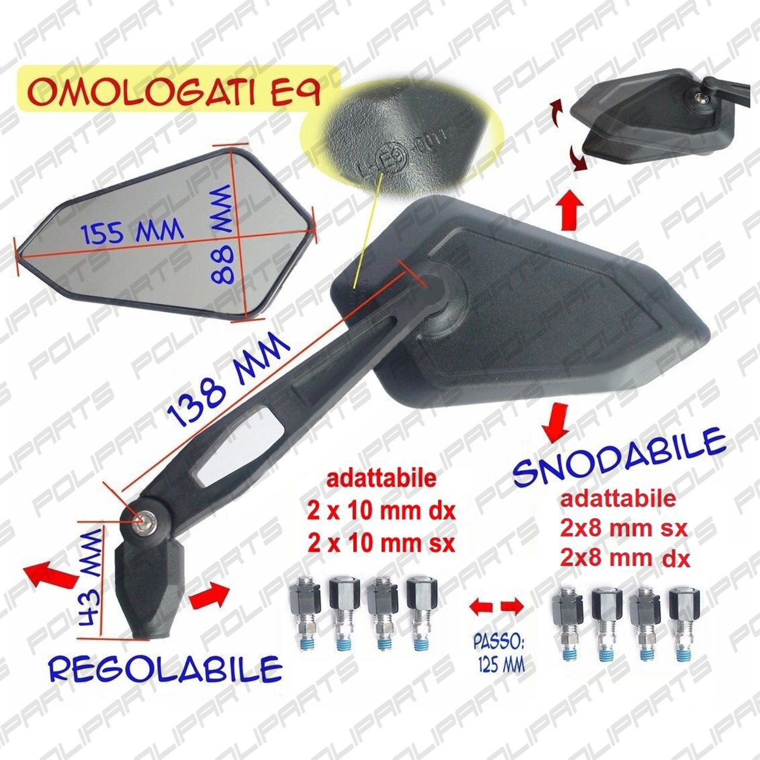 specchietti moto scooter universali regolabili inclinabili con adattatori (11) Pair of Universal Adjustable Tilting Motorcycle Scooter Mirrors with Adapter Kit (Black) - Image 4