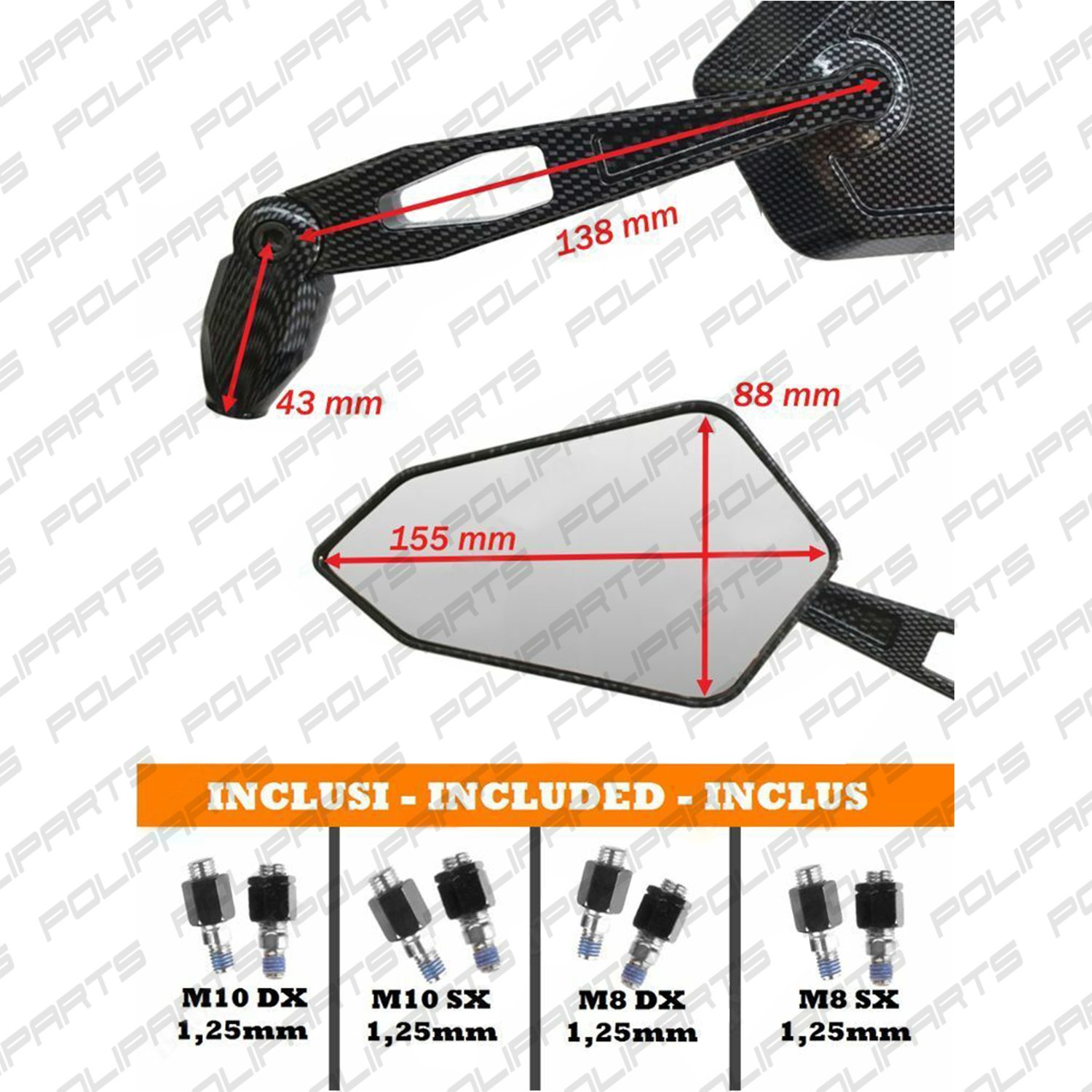 specchietti moto scooter universali regolabili inclinabili con adattatori (12) Pair of Universal Adjustable Tilting Motorcycle Scooter Mirrors with Adapter Kit (Black) - Image 3